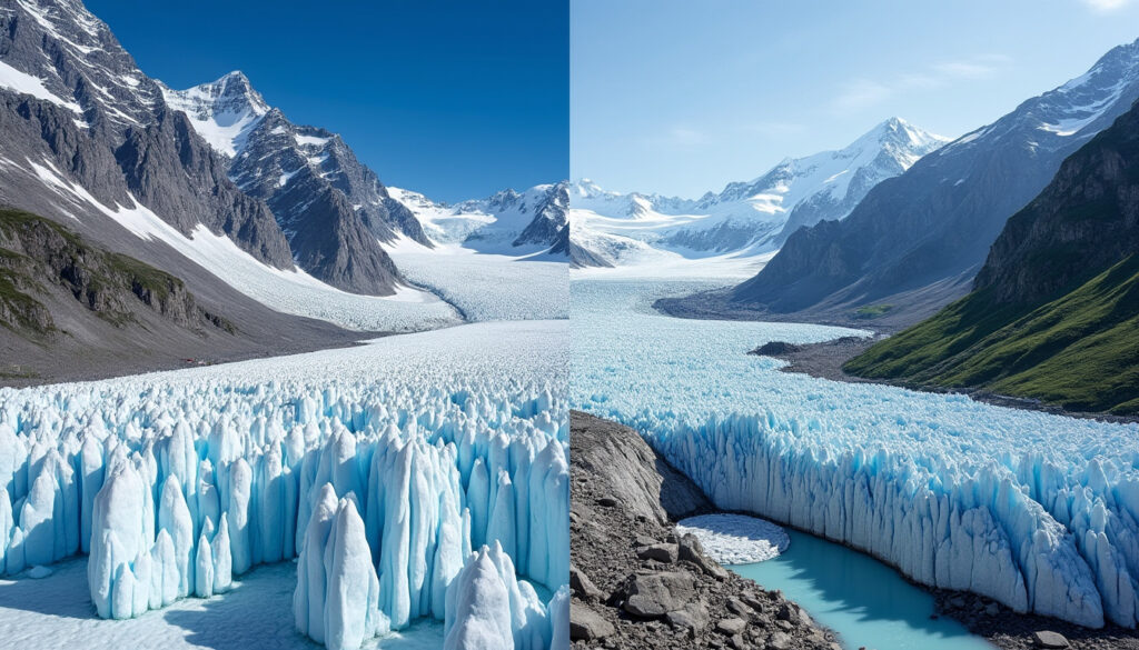 découvrez l'évolution spectaculaire de la mer de glace avec des images avant-après montrant le recul impressionnant du glacier au fil des années.