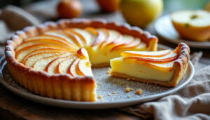 découvrez une recette facile de tarte normande aux pommes, généreuse et gourmande, avec une pâte dorée et une garniture fondante à souhait.